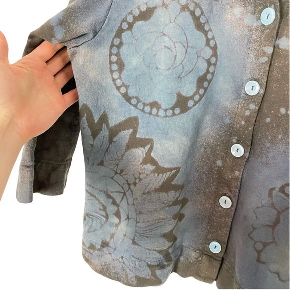 Handmade Stencil Tie Dye Jacket Womens Medium Tan Blue 3/4 Sleeve Cotton Knit - Picture 5 of 13